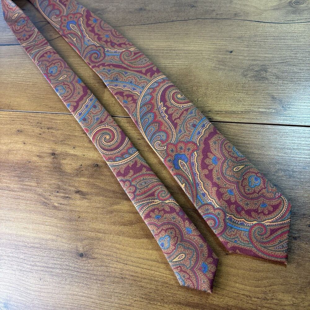 Robert Jensen Mens Silk Necktie Burgundy Red Blue Gold Paisley Pattern Italian - Picture 6 of 8